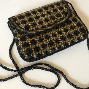 Vintage Beaded Black & Gold Clutch Purse VTG